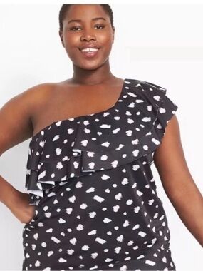 One-Shoulder Black Ruffle Top with White Spot Print cacique swim tankini